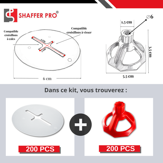 Diagram and images showing dimensions and parts of the Kit 200 Rondelles de protection + 200 Cadrans pour système de nivelage carrelage – Compatible croisillons autonivelants – SHAFFER PRO, including white protection washers and red leveling system dials.