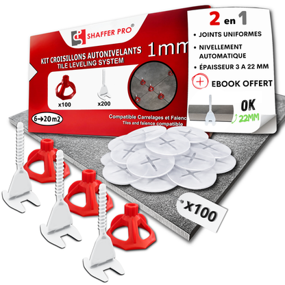 Croisillons carrelage autonivelant (Kit 100 bagues + 100 cadrans + 200 Clips 1MM )- SHAFFER PRO tile leveling system with red and white plastic pieces for precise 1mm spacing and automatic leveling in outillage projects.