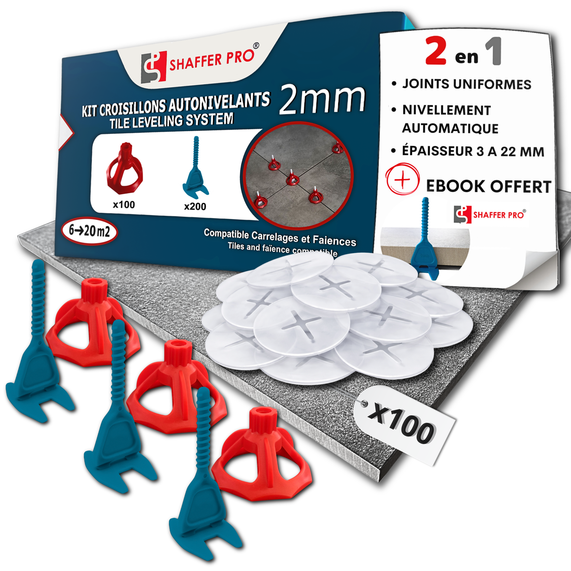 Croisillons carrelage autonivelant (Kit 100 bagues + 100 cadrans + 200 Clips 2 mm) -SHAFFER PRO tile leveling system kit with red and blue tools for uniform joints and automatic leveling.