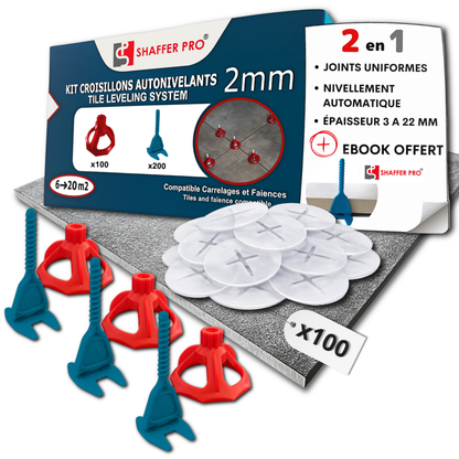 Croisillons carrelage autonivelant (Kit 100 bagues + 100 cadrans + 200 Clips 2 mm) -SHAFFER PRO tile leveling system kit with red and blue tools for uniform joints and automatic leveling.