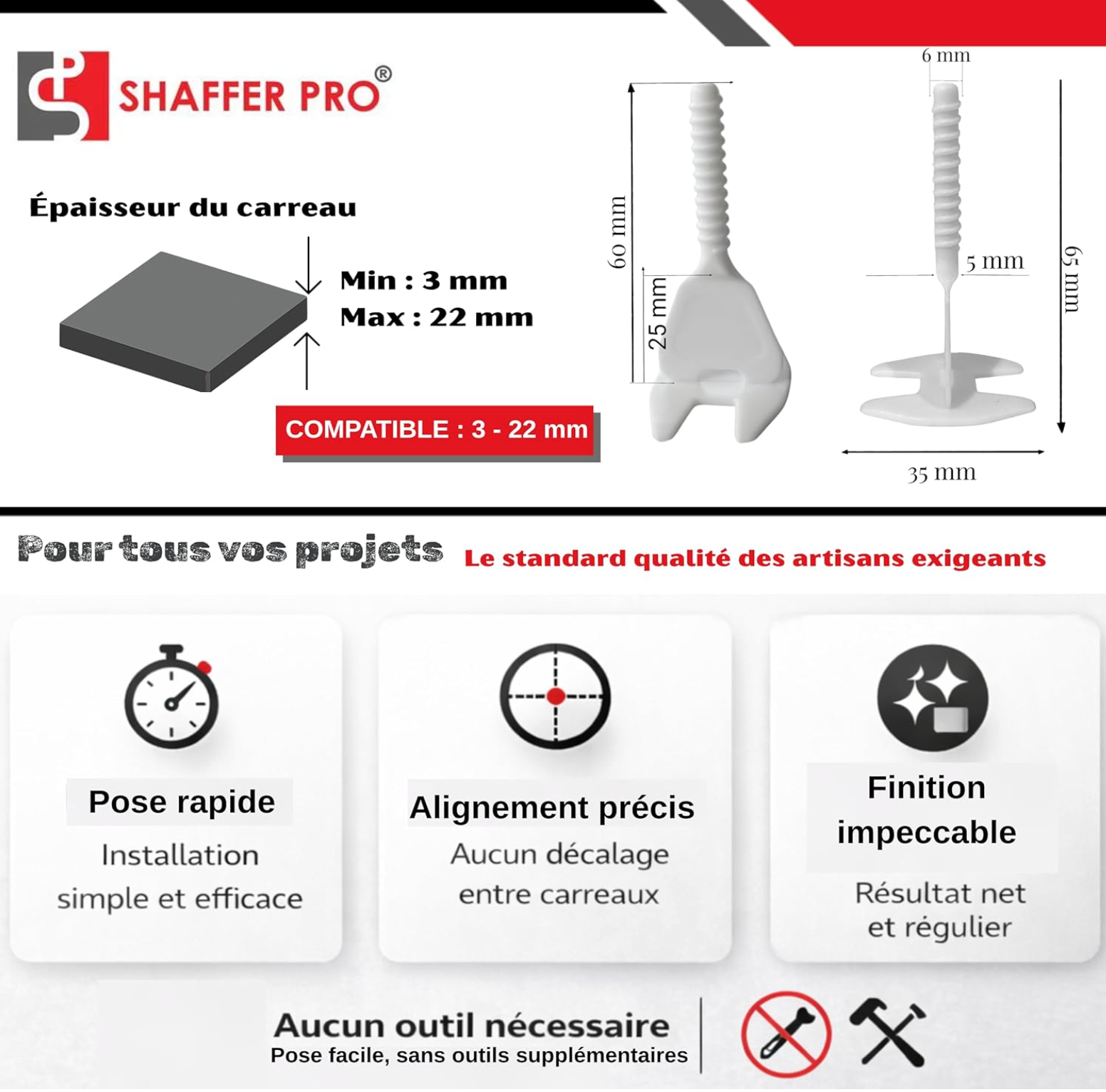 Croisillons carrelage autonivelant (Kit 100 bagues + 100 cadrans + 200 Clips 2 mm) -SHAFFER PRO showing tile thickness compatibility from 3 to 22 mm with detailed product dimensions and features for fast installation, precise alignment, and flawless finish without additional tools.