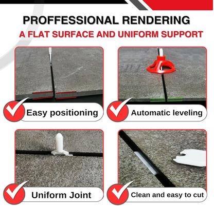 Close-up of tile leveling system demonstrating easy positioning, automatic leveling, uniform joint, and clean, easy-to-cut features of Croisillons carrelage autonivelant (Kit 100 bagues + 100 cadrans + 200 Clips 3mm) -SHAFFER PRO.