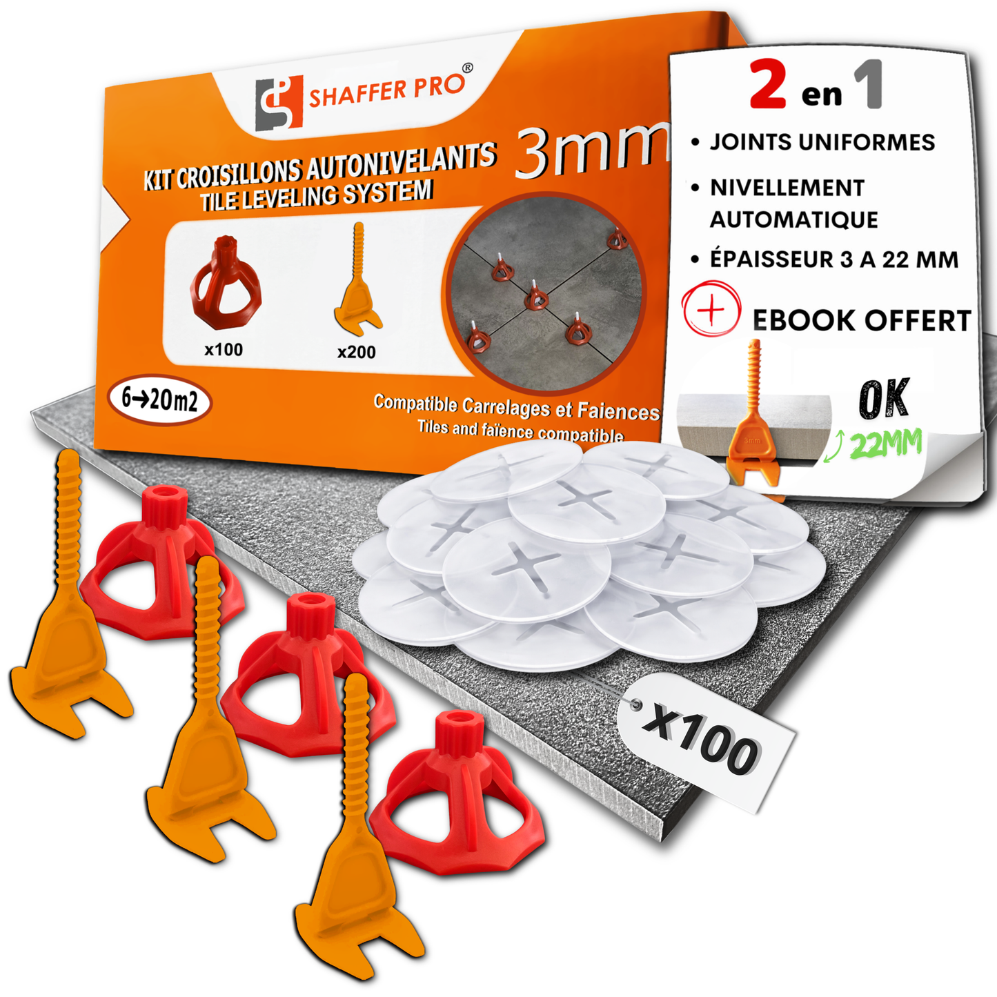 Croisillons carrelage autonivelant (Kit 100 bagues + 100 cadrans + 200 Clips 3mm) -SHAFFER PRO tile leveling system with orange clips and white rings for uniform joints and automatic leveling.