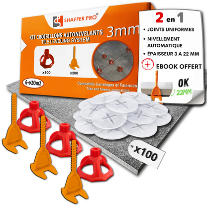 Croisillons carrelage autonivelant (Kit 100 bagues + 100 cadrans + 200 Clips 3mm) -SHAFFER PRO tile leveling system with orange clips and white rings for uniform joints and automatic leveling.