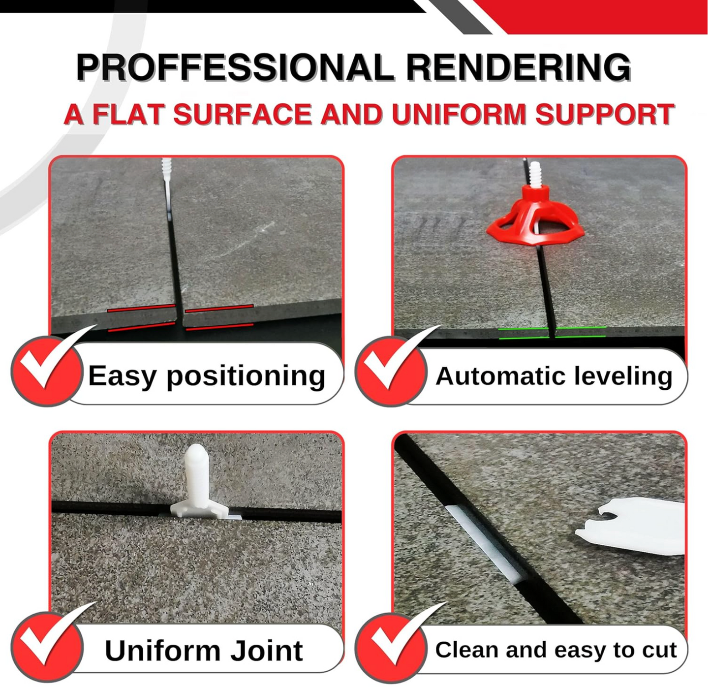 Close-up views showing the use of Croisillons carrelage autonivelant (Kit 100 bagues + 100 cadrans + 200 Clips 4 MM )- SHAFFER PRO for easy positioning, automatic leveling, uniform joint spacing, and clean cutting of tile spacers.