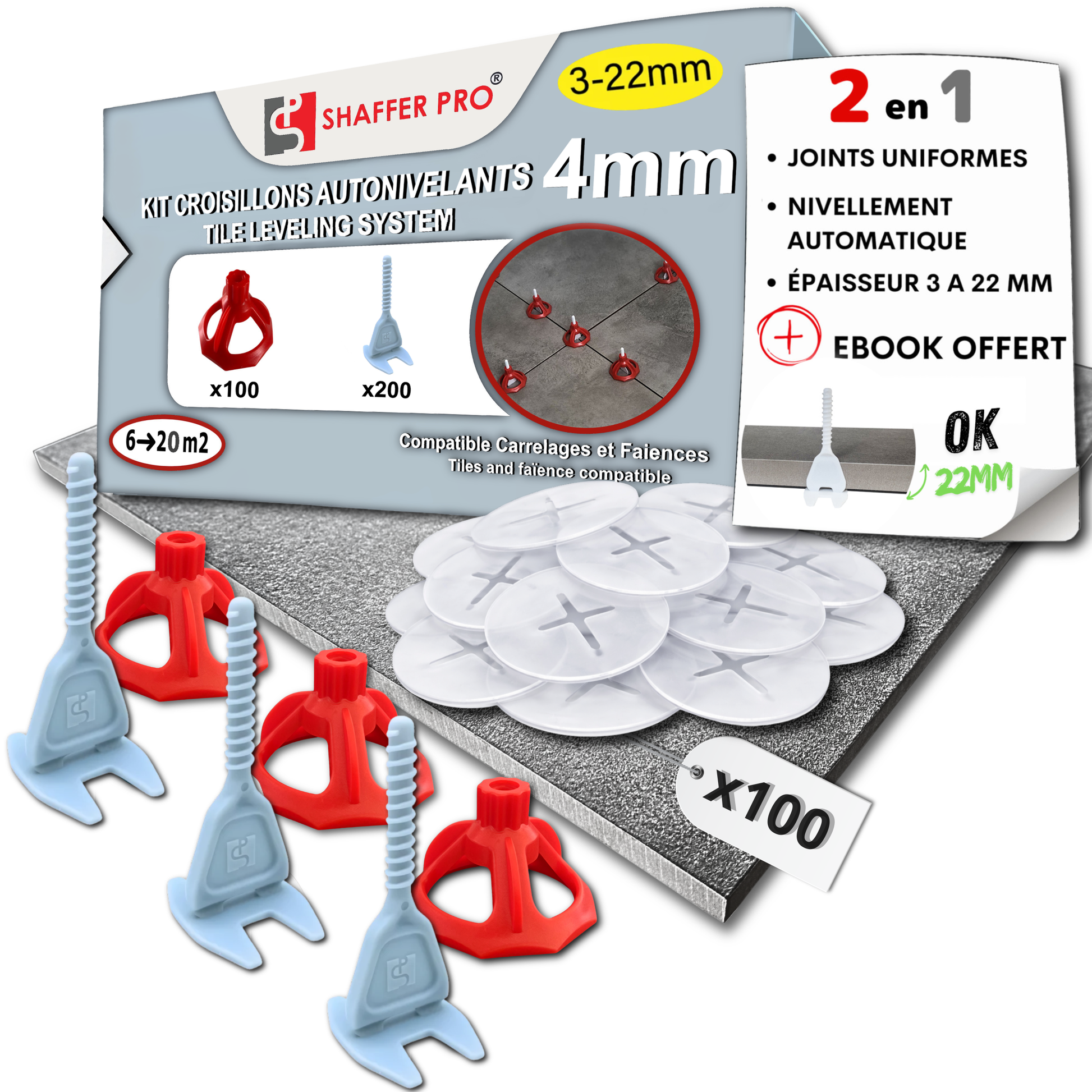 Croisillons carrelage autonivelant (Kit 100 bagues + 100 cadrans + 200 Clips 4 MM )- SHAFFER PRO tile leveling system with red and blue components for uniform joints and automatic leveling between 3 and 22 mm thickness.
