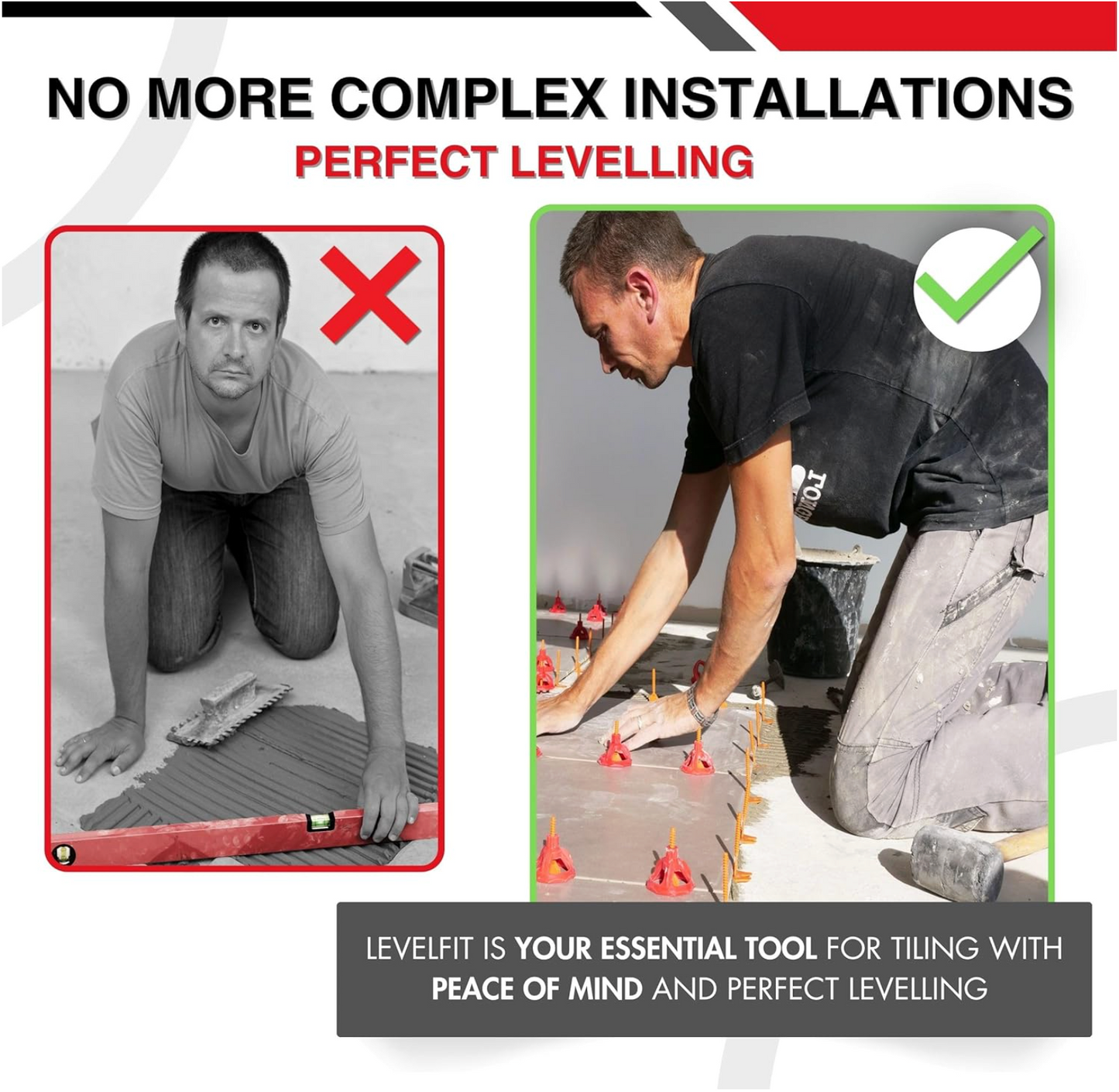 Comparison image showing difficult manual tile leveling on the left and easy tile installation using Croisillons carrelage autonivelant (Kit 100 bagues + 100 cadrans + 200 Clips 2 mm) -SHAFFER PRO on the right for perfect leveling and peace of mind.