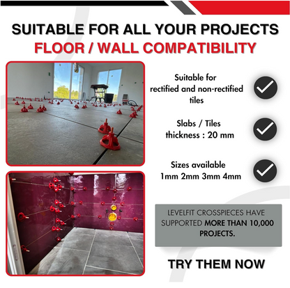 Croisillons carrelage autonivelant (Kit 100 bagues + 100 cadrans + 200 Clips 4 MM )- SHAFFER PRO shown in use for floor and wall tile leveling on rectified and non-rectified tiles in construction settings.