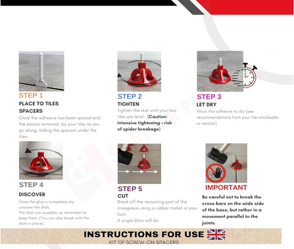 Instructions for using Croisillons carrelage autonivelant (Kit 100 bagues + 100 cadrans + 200 Clips 2 mm) -SHAFFER PRO showing step-by-step tile spacer placement, tightening, drying, and cutting process.