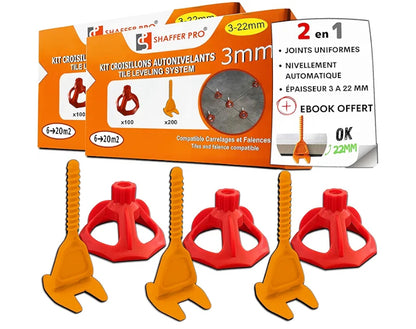 Kit de 400 Croisillons + 200 Cadrans - Carrelage Autonivelants XL - 3 mm - Shaffer Pro tile leveling system with red and orange plastic spacers designed for uniform tile joints and automatic leveling.