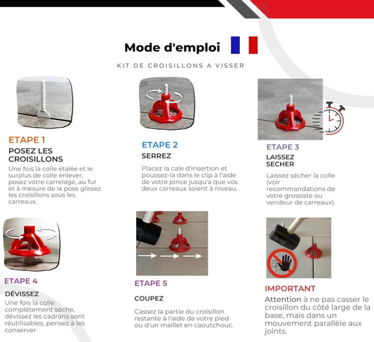 Instructional steps showing the use of the Kit de 200 Croisillons + 100 Cadrans - Carrelage Autonivelants XL - 3 mm - Shaffer Pro for tile leveling, including placing the crosses, tightening the insertion clip, letting the glue dry, unscrewing the reusable cadrans, and safely breaking the crosses with a rubber mallet.