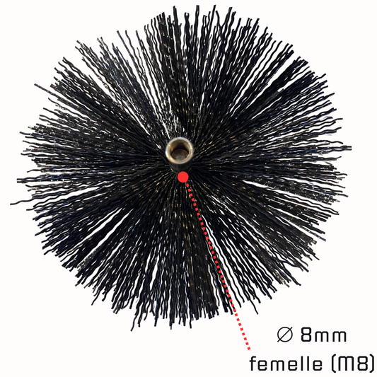 Brosse de Ramonage - 180 mm - Hérisson Poêle et Chaudière - Shaffer Pro chimney brush with black twisted wire bristles and a central metallic female M8 connector used for stove and boiler cleaning tools.