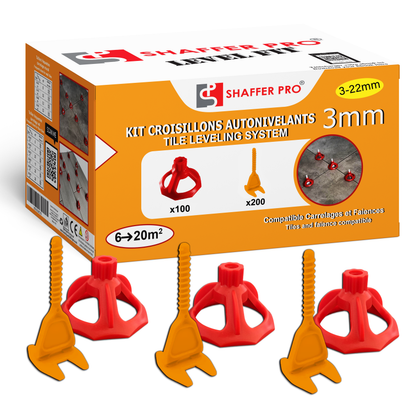 Packaging of the Kit de 200 Croisillons + 100 Cadrans - Carrelage Autonivelants XL - 3 mm - Shaffer Pro showing red and orange tile leveling clips and wedges designed for precise tile alignment and outillage use.