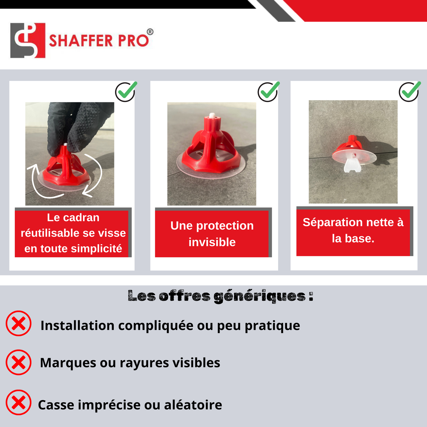 Kit 200 Rondelles de protection + 200 Cadrans pour système de nivelage carrelage – Compatible croisillons autonivelants – SHAFFER PRO
