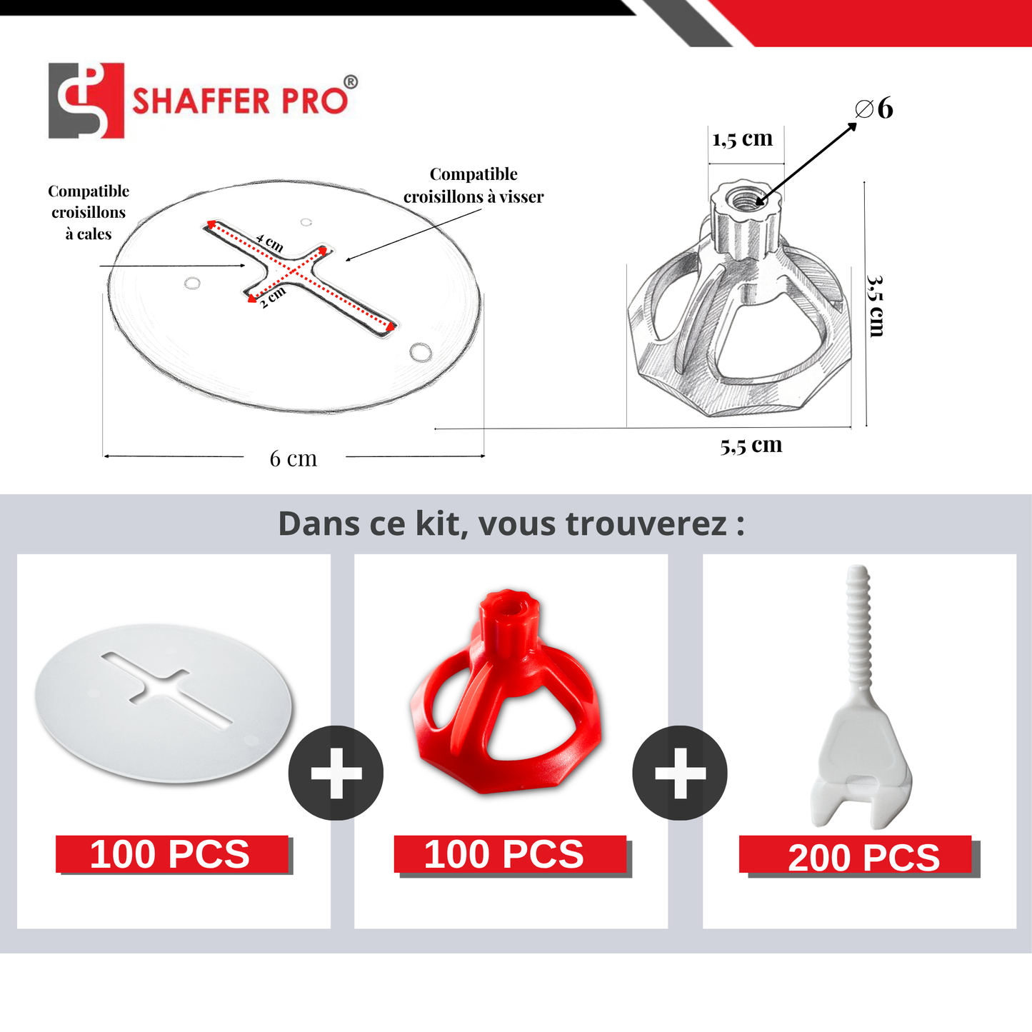 Detailed diagram and components of Croisillons carrelage autonivelant (Kit 100 bagues + 100 cadrans + 200 Clips 1MM )- SHAFFER PRO showing dimensions and quantities of white and red leveling tiles spacers and clips for precise tile installation outillage.