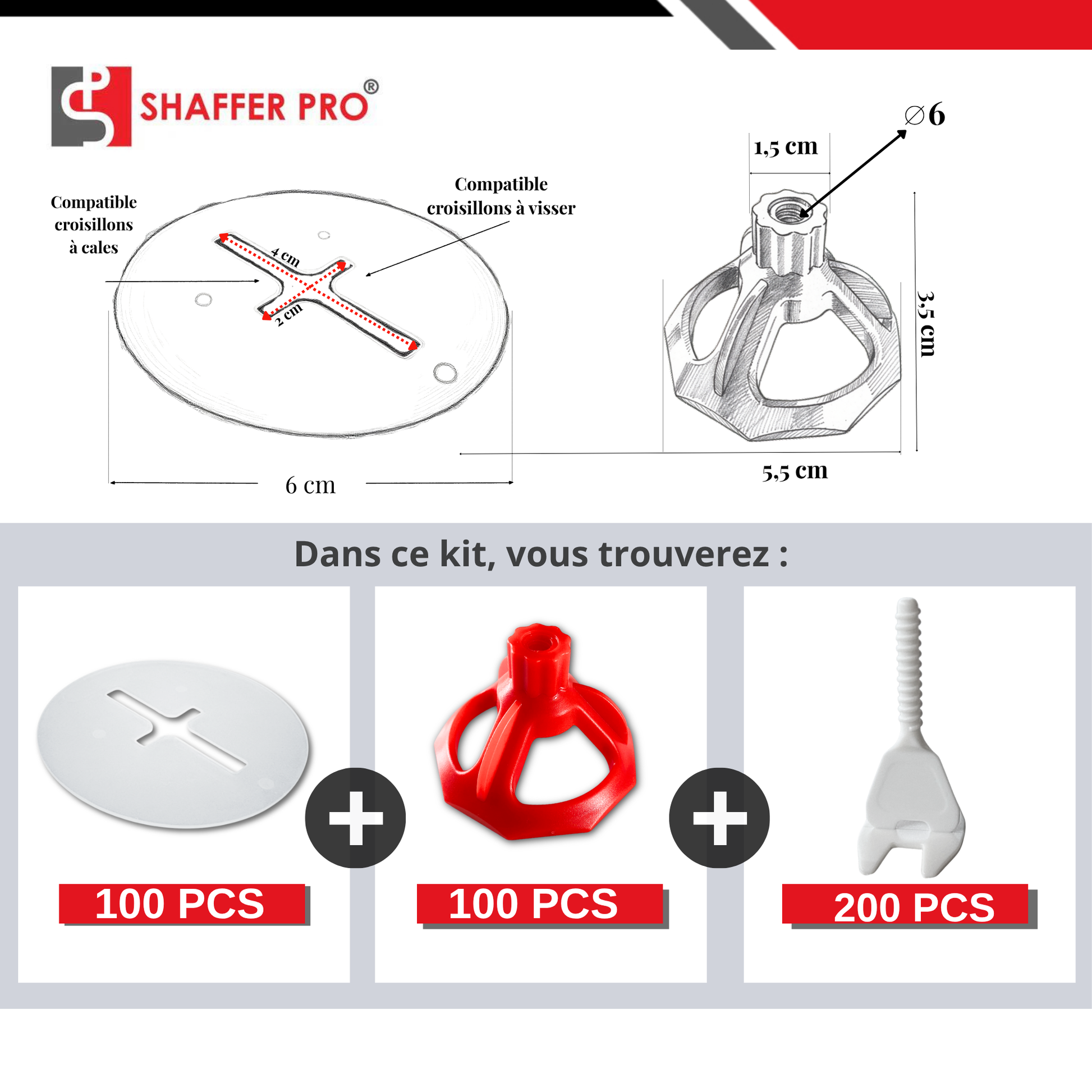 Detailed diagram and components of Croisillons carrelage autonivelant (Kit 100 bagues + 100 cadrans + 200 Clips 1MM )- SHAFFER PRO showing dimensions and quantities of white and red leveling tiles spacers and clips for precise tile installation outillage.