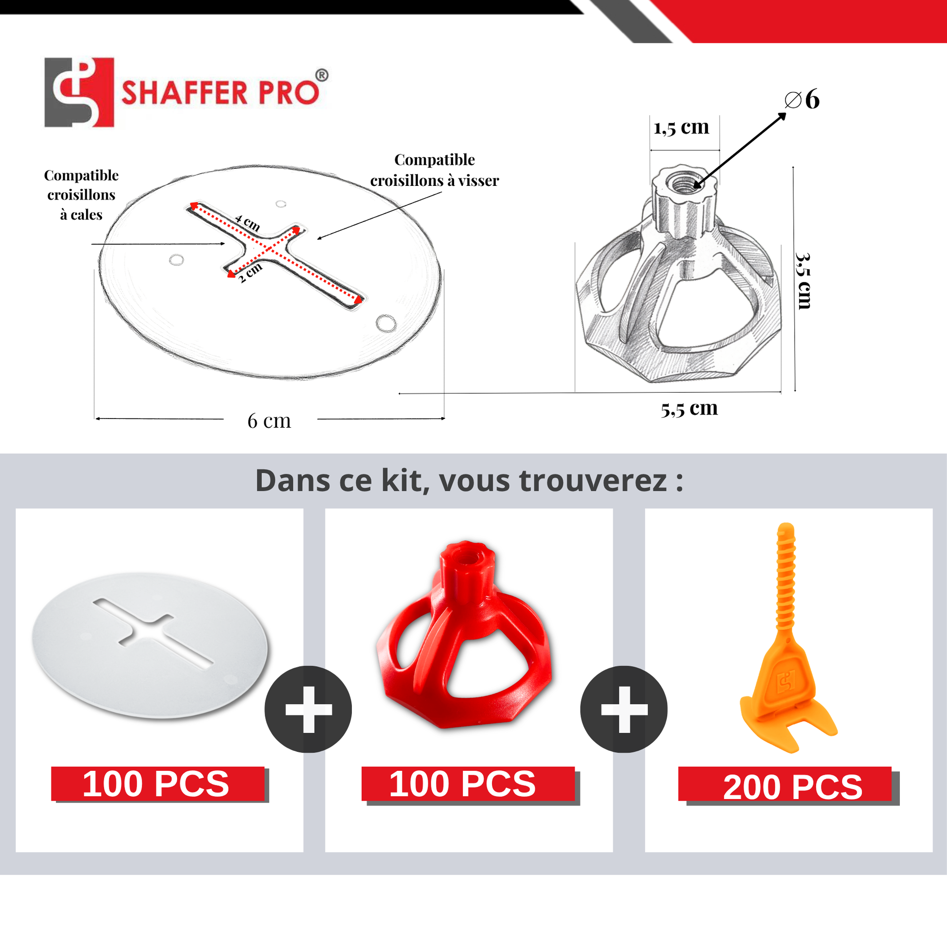 Technical diagram and components of Croisillons carrelage autonivelant (Kit 100 bagues + 100 cadrans + 200 Clips 3mm) -SHAFFER PRO showing measurements and parts in white, red, and orange for tile leveling outillage.