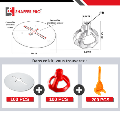 Technical diagram and components of Croisillons carrelage autonivelant (Kit 100 bagues + 100 cadrans + 200 Clips 3mm) -SHAFFER PRO showing measurements and parts in white, red, and orange for tile leveling outillage.