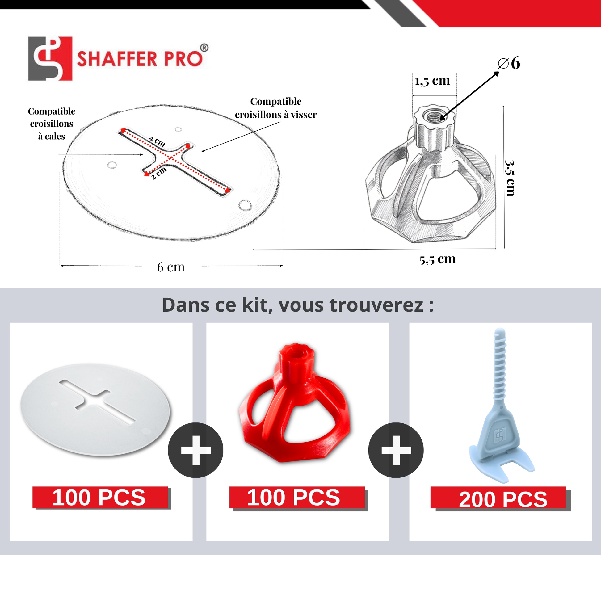 Diagram and components of Croisillons carrelage autonivelant (Kit 100 bagues + 100 cadrans + 200 Clips 4 MM )- SHAFFER PRO showing detailed dimensions and parts included in the kit for tile leveling and alignment.