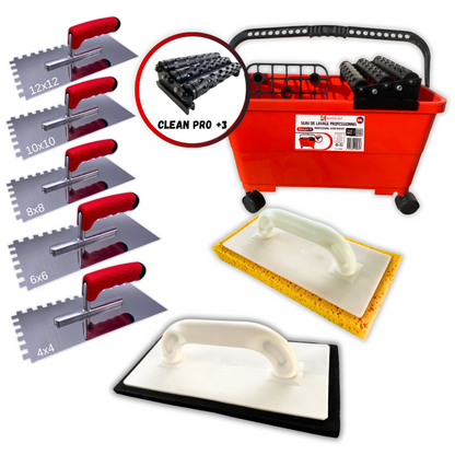 Kit Joint Seau de nettoyage joint carrelage 24 litres Clean pro +3 + Taloche à jointer + Taloche à nettoyer + 5 Peignes à colle - Shaffer Pro set including a red cleaning bucket, five notched trowels, two float tools, and a Clean Pro +3 roller.