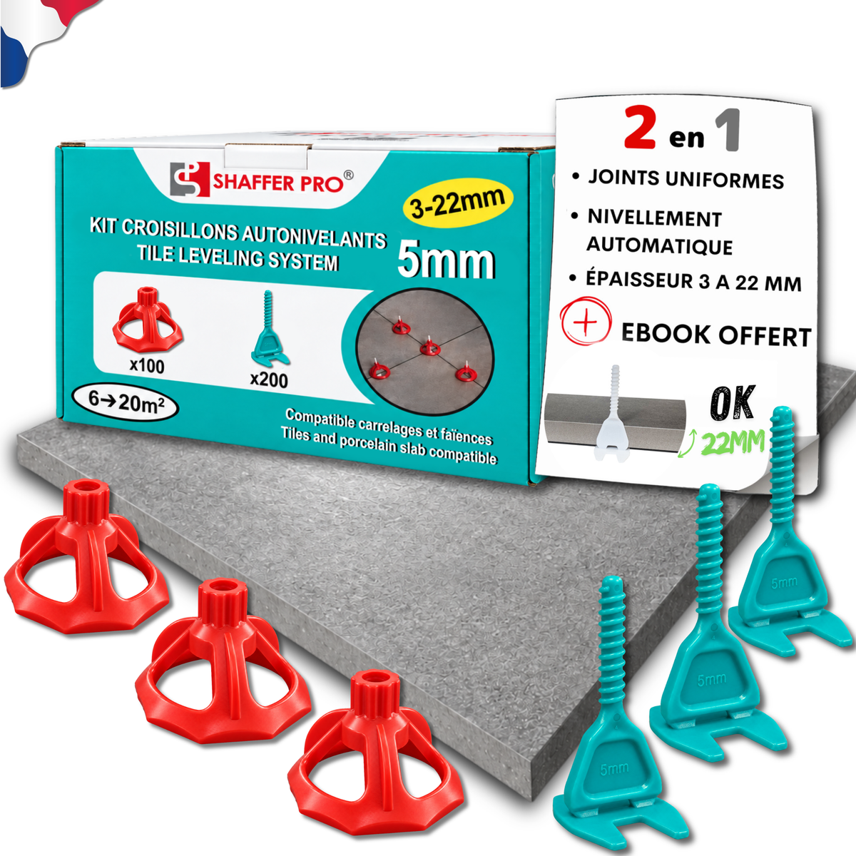 Kit de 200 Croisillons Carrelage Autonivelants XL - 5 mm + 100 cadrans - Shaffer Pro