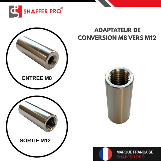 Adaptateur ramonage M8 M12 en métal, connexion entre cannes et brosses de ramonage, modèle Shaffer Pro.